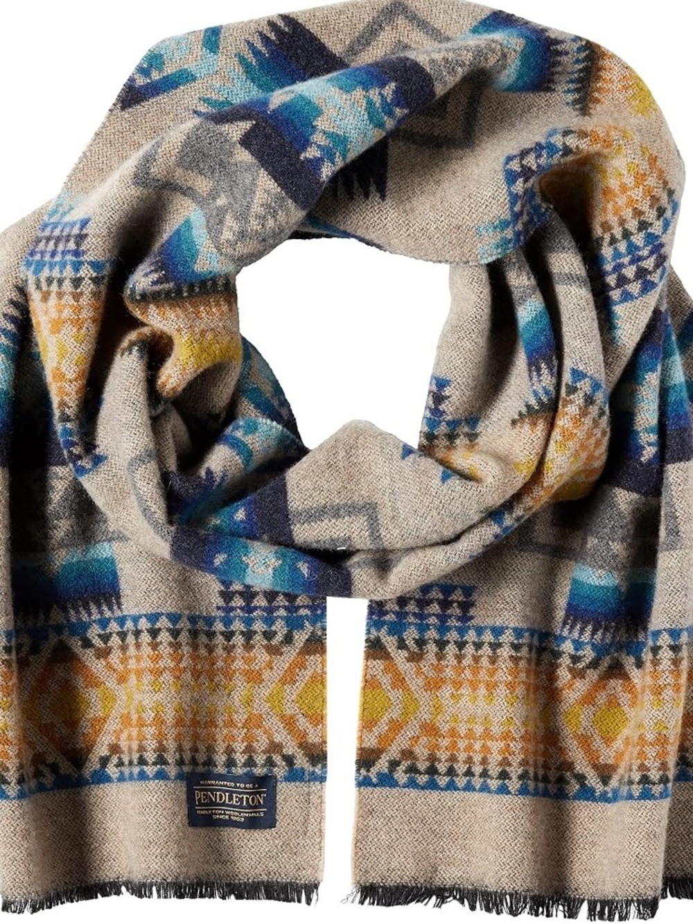 New! Pendleton Jacquard Wool Scarf Mission Trails Gray Blue Yellow